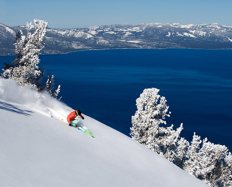 Downhill Skiing with view of Lake Tahoe in Winter